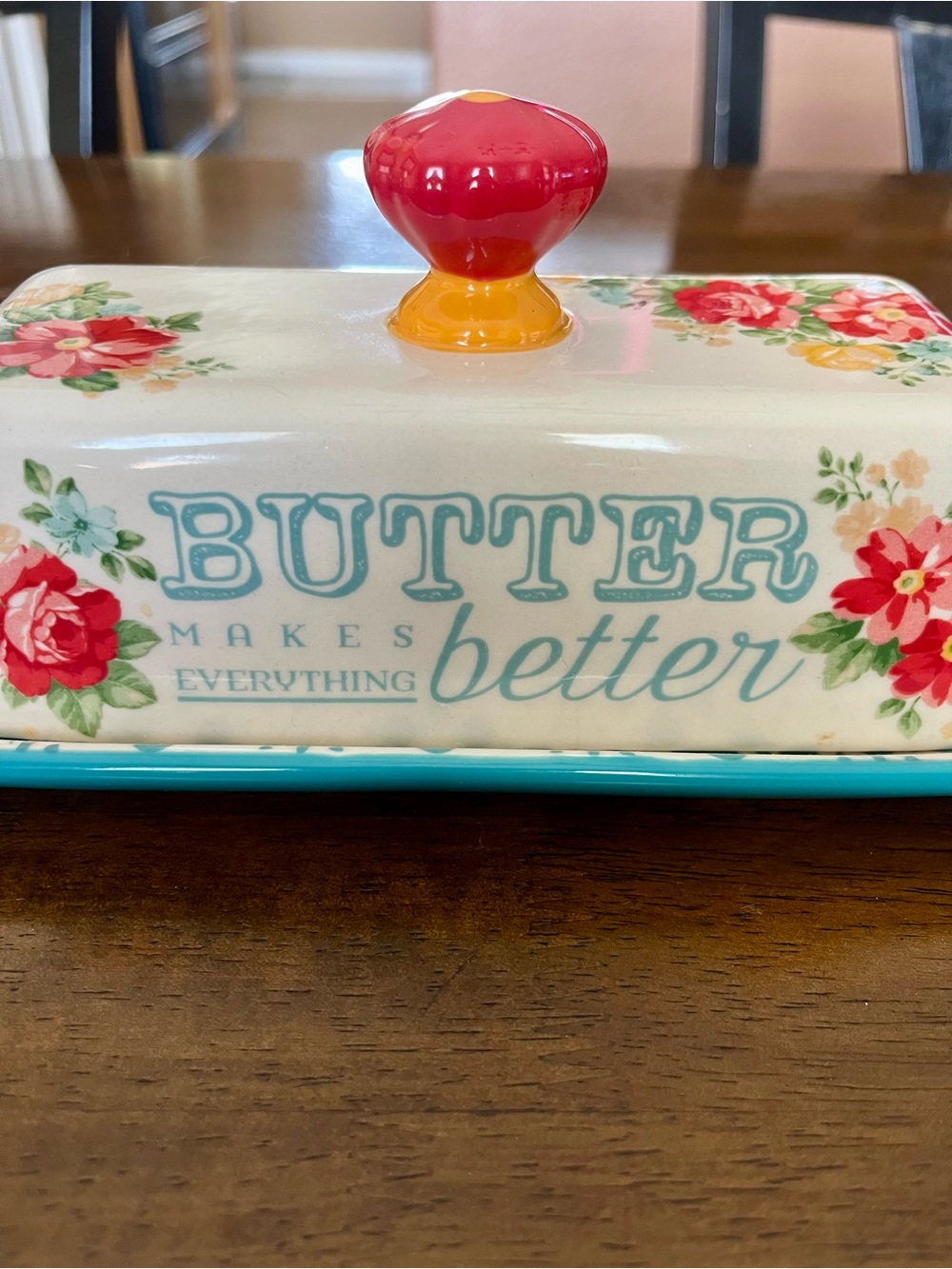The Pioneer Woman Floral Butter Dish with Red and Yellow Knob - Picture 3 of 8